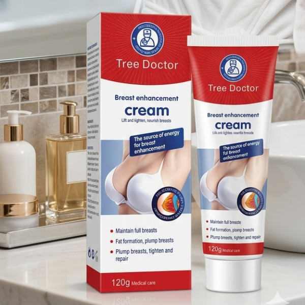 Advanced Breast Enhancement and Firming Cream by Tree Doctor in packaging on a bathroom counter.
