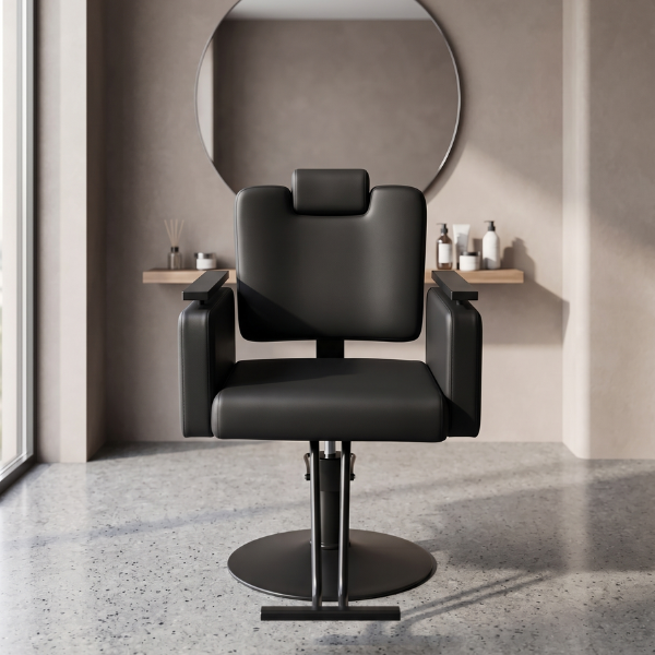 Wood and Steel Professional Salon Styling Chair in a modern salon setting with elegant decor.