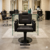 Wood and Steel Professional Salon Styling Chair in a modern salon setting with mirrors and styling products.
