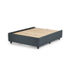 Upholstered Platform Bed Base with wooden slats and dark upholstery, designed for stylish bedroom setups.