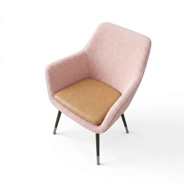 Modern Café Dining Chair in pink fabric with a brown leather seat and black metal legs.