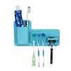Wall-mounted Silicone Storage Shelf Bathroom Rack in blue holding toothbrushes, toothpaste, and a razor, perfect for bathroom organization.