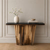 Luxury Black Faux Marble Gold Console Table with a vase and books, adding elegance to a modern living space.