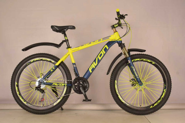 Aluminum Alloy 21 Speed Men Cycle Mountain Bike in yellow and blue, showcasing sturdy design and rugged tires.
