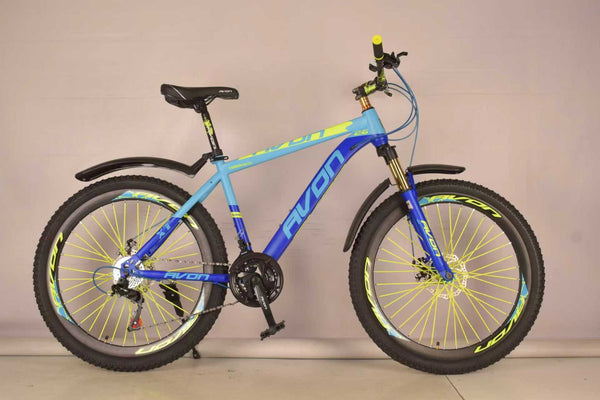 Aluminum Alloy 21 Speed Men Cycle Mountain Bike with blue frame and yellow accents, perfect for trails and city rides.