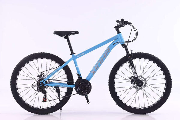 Enduro Mountain Bike with Aluminum Frame and Disc Brakes in blue color, designed for rugged off-road terrain.