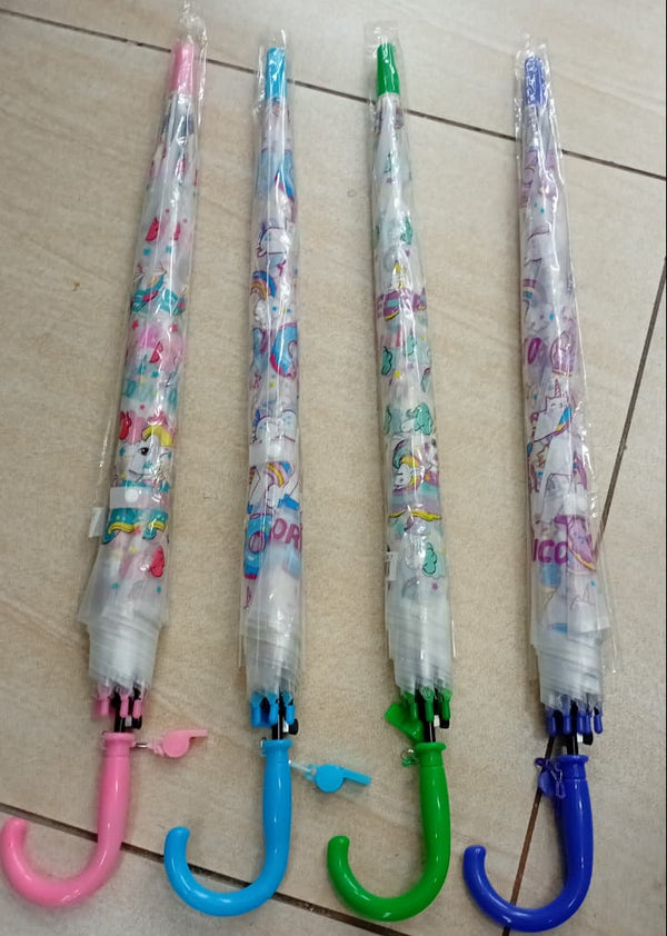 Reinforced Transparent Windproof Long Handle Umbrella collection with colorful handles for kids.