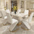 White & Gold Dining Room Table Set featuring a modern design with elegant white chairs and a glossy tabletop.