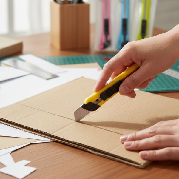 Person using a Wholesale Powerlift Small DIY Utility Knife to cut cardboard on a workspace.