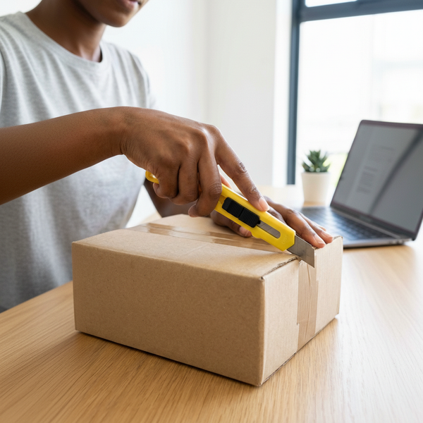 Person using Wholesale Powerlift Small DIY Utility Knife to open a cardboard box on a wooden table.
