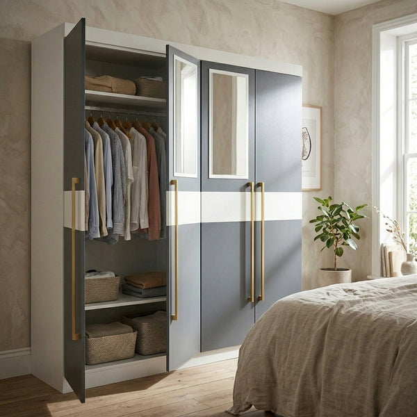 4 Door Wardrobe with Mirrors and Gold Handles in Grey and White, showcasing its spacious interior and stylish design.