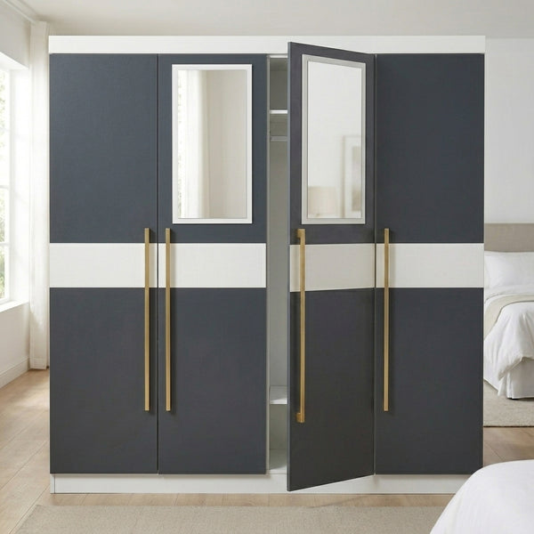 4 Door Wardrobe with Mirrors and Gold Handles in Grey and White with gold handles