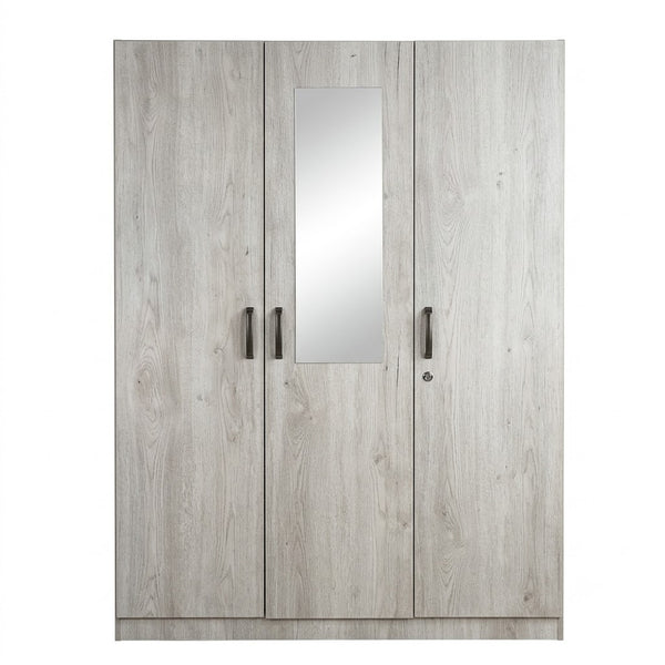 3 Door Wardrobe with Centre Mirror in Light Oak Finish featuring a sleek design and practical storage.