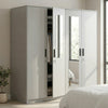4 Door Wardrobe with Double Mirror Panels in a light grey finish, featuring mirrors and storage space.