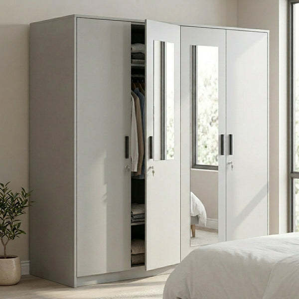 4 Door Wardrobe with Double Mirror Panels in a light grey finish, featuring mirrors and storage space.