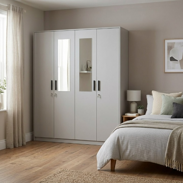 4 Door Wardrobe with Double Mirror Panels in a light grey finish, featuring full-width hanging space and integrated mirrors.