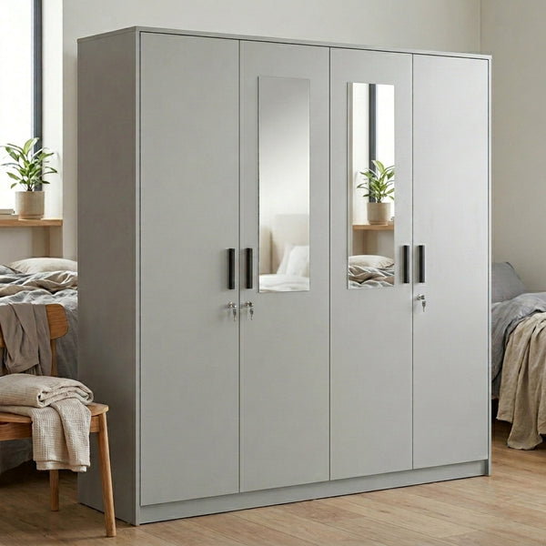 4 Door Wardrobe with Double Mirror Panels in light grey finish, featuring integrated mirrors and maximizing bedroom storage.