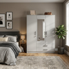 3 Door Wardrobe with Mirror and 2 Drawers in Light Grey in a stylish bedroom setting