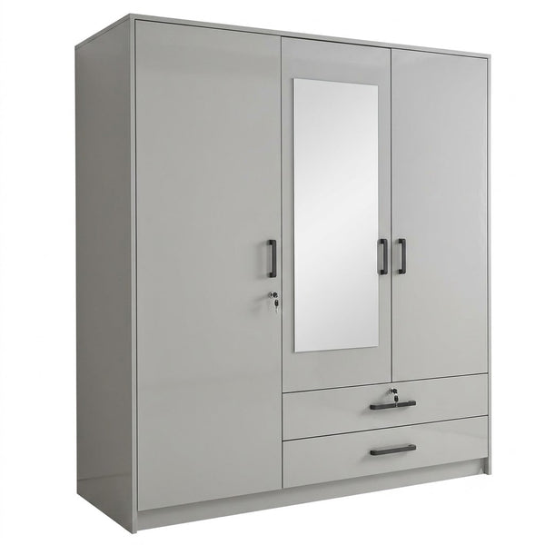 3 Door Wardrobe with Mirror and 2 Drawers in Light Grey, featuring full-height hanging space and built-in storage.