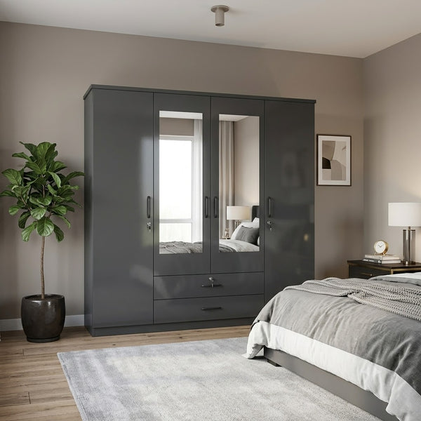 4-Door High Gloss Charcoal Wardrobe with Full-Length Mirrors in modern bedroom setting