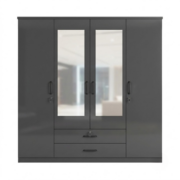 4-Door High Gloss Charcoal Wardrobe with Full-Length Mirrors featuring a sleek design and full-length mirrors.