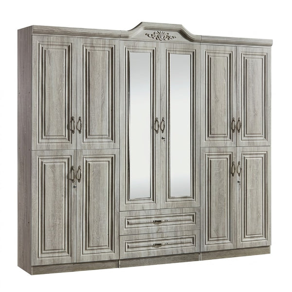 6-Door Mirrored Wardrobe with 2 Drawers featuring wood-effect finish and central mirror panels.