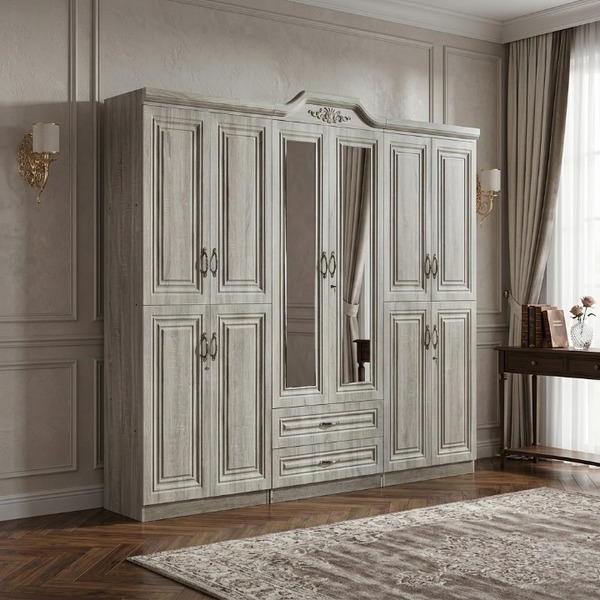 6-Door Mirrored Wardrobe with 2 Drawers designed with detailed doors and central mirror panels.