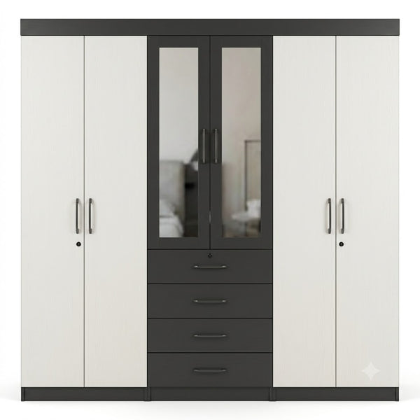 6 Door Wardrobe with Mirror and Drawers featuring a sleek design and built-in storage options.