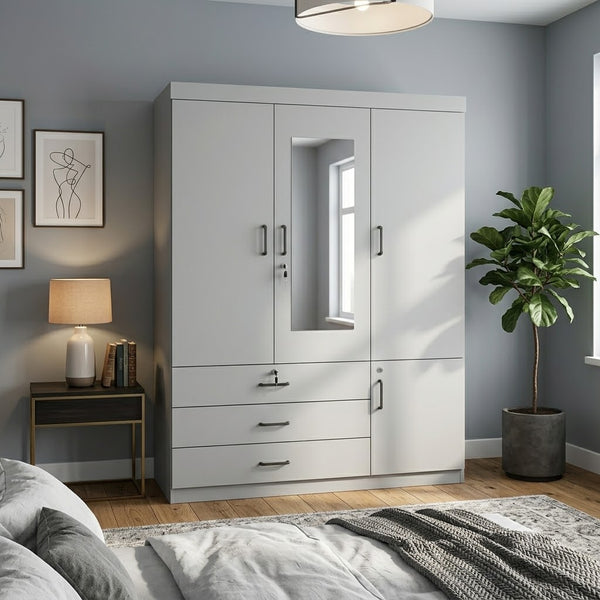4-Door Grey Wardrobe with Mirror and Drawers in modern bedroom setting, featuring ample storage and sleek design.