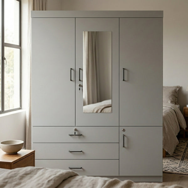 4-Door Grey Wardrobe with Mirror and Drawers featuring sleek design and storage drawers.