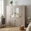 4 Door Wardrobe with Mirrors and 3 Drawers in a modern bedroom setting with hanging clothes and storage.