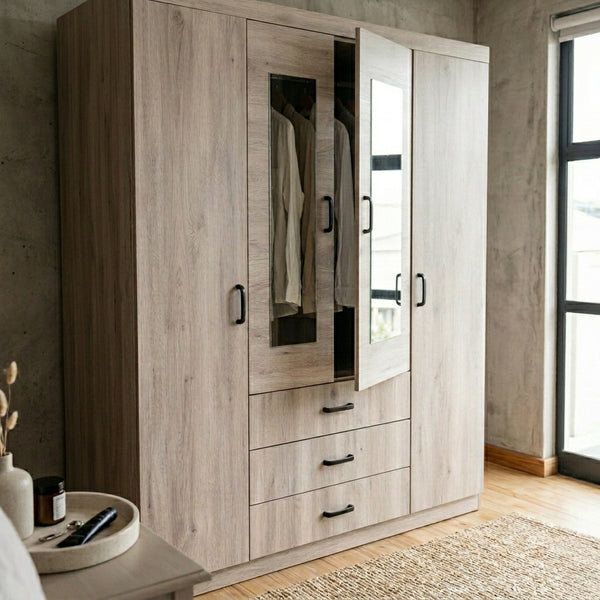 4 Door Wardrobe with Mirrors and 3 Drawers in a modern bedroom setting.