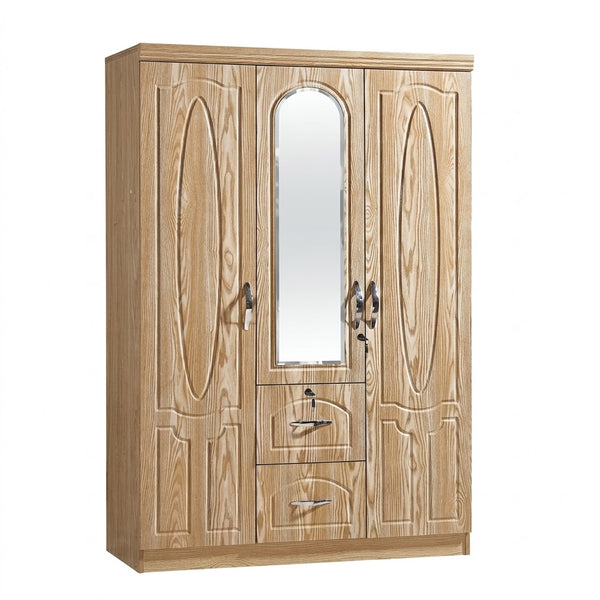 3-Door Mirrored Bedroom Wardrobe with Drawers featuring a stylish wood-effect finish and central mirror.