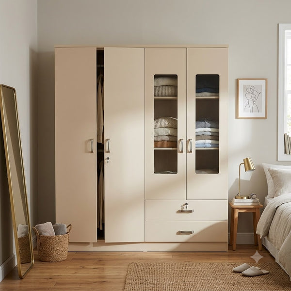 4 Door Wardrobe with Drawers and Display Panels in a cozy bedroom, featuring storage for clothes and accessories.
