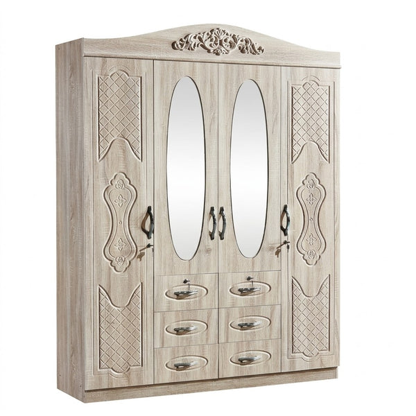 4-Door Mirrored Bedroom Wardrobe with Drawers featuring ornate detailing and storage drawers.