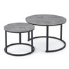 Round Marble Effect Nesting Coffee Tables in modern design with gray tops and black metal bases.