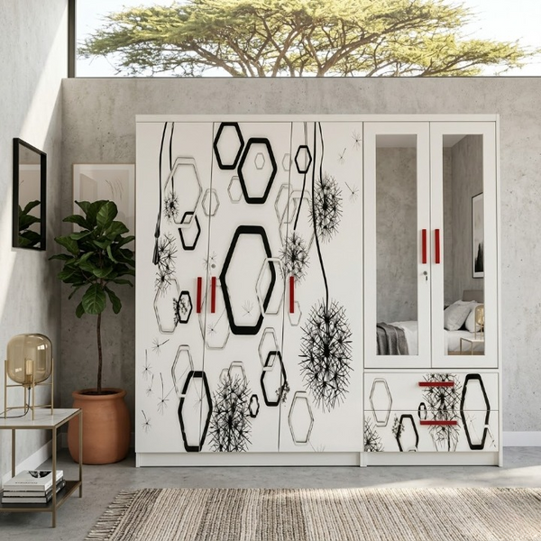 5 Door Marble Finish Wardrobe with Mirrors