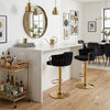 Stylish Adjustable Velvet Bar Stool with Woven Back and Gold Frame at a modern home bar.