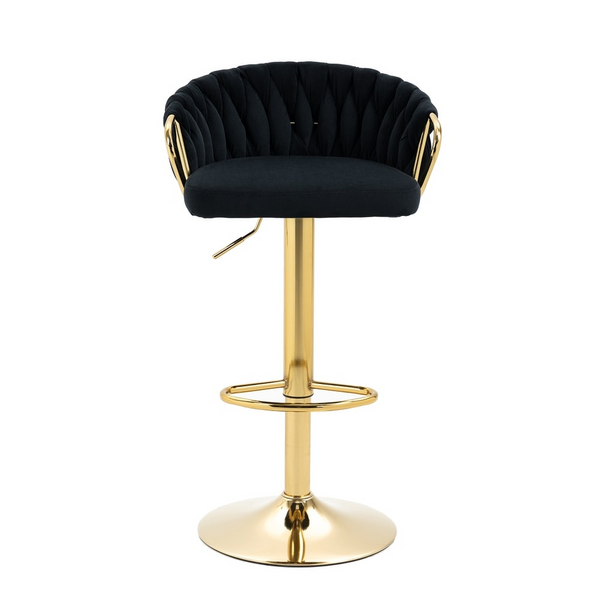 Adjustable Velvet Bar Stool with Woven Back and Gold Frame featuring a stylish black velvet seat and polished gold base.