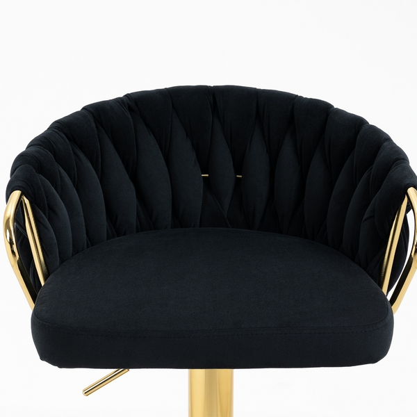 Adjustable Velvet Bar Stool with Woven Back and Gold Frame featuring a plush black velvet seat and gold accents.