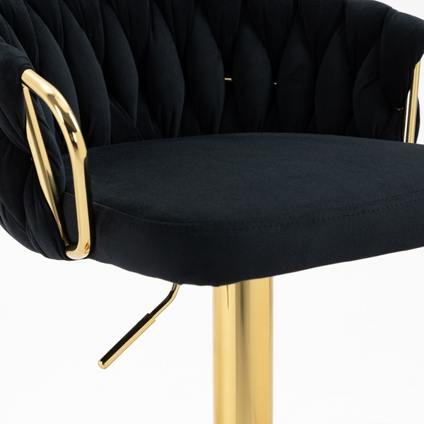 Adjustable Velvet Bar Stool with Woven Back and Gold Frame showing luxurious black velvet and polished gold base.
