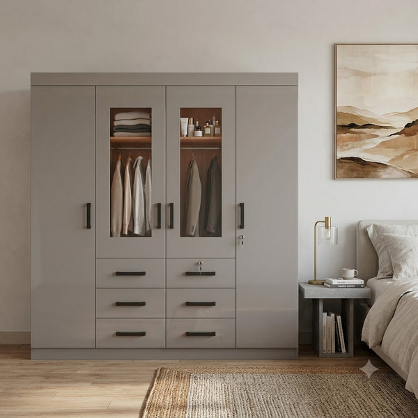 4-Door High Gloss Wardrobe with Drawers and Mirror Panels in light grey color with glazed doors and storage.
