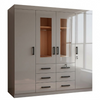 4-Door High Gloss Wardrobe with Drawers and Mirror Panels featuring a light grey finish and sleek design.