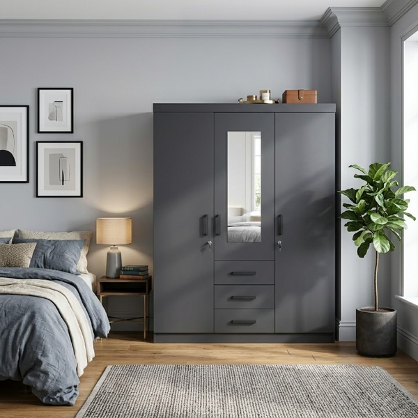 3-Door Mirrored Wardrobe with Drawers in Matte Black in a modern bedroom setting.