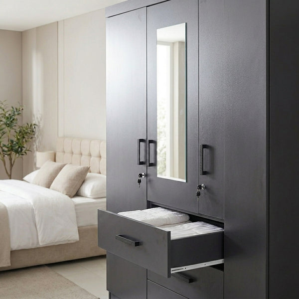 3-Door Mirrored Wardrobe with Drawers in Matte Black featuring a center mirror and open drawer in a stylish bedroom.