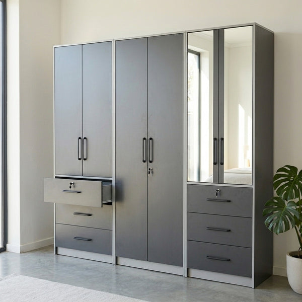 Bedroom Wardrobe Closet with mirror and multiple storage drawers in a modern bedroom setting.