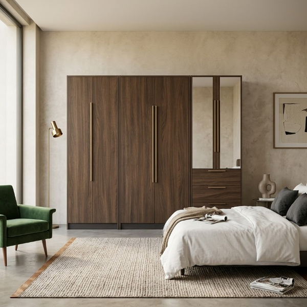 4 Door Wardrobe with Mirror and Drawers in modern bedroom setting with green chair and patterned rug.