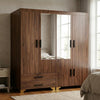Wooden 4 Door Wardrobe with Mirrors and Drawers in a modern bedroom setting