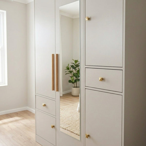 Wardrobe with Mirror Drawer and Side Cabinet in Cream featuring a stylish mirror and elegant hardware.