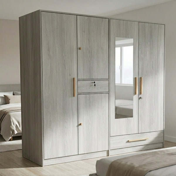 4-Door Wood Grain Wardrobe with Mirror and Gold Handles in a modern bedroom setting.